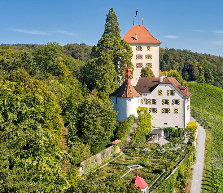 Flugaufnahme Schloss Heidegg mit Rosengarten